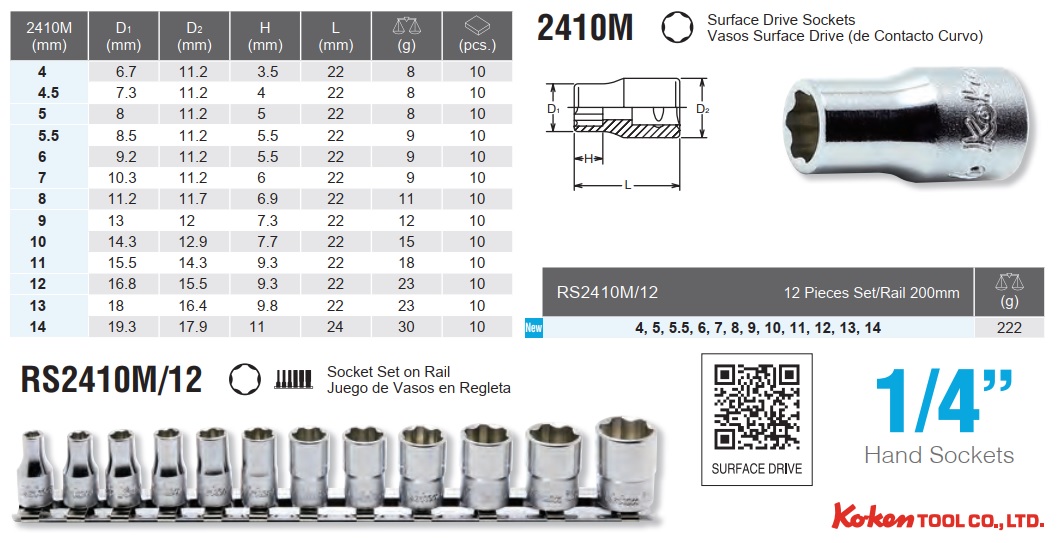 2410m-spec Đầu khẩu 6 cạnh cong, Koken 241M, đầu khẩu tuýp 1/4, khẩu cạnh cong