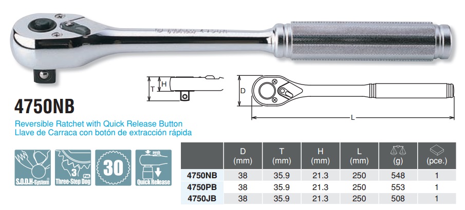 4750nb-spec Tay lắc Koken, tay vặn 1/2 inch, Koken 4750NB, tay cóc Koken, tay lắc có nút bấm