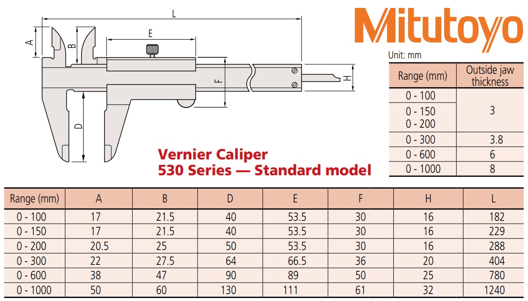 530-spec-1 Thước cặp cơ khí Mitutoyo, Mitutoyo 530, 530-108, thước cặp dài 200mm