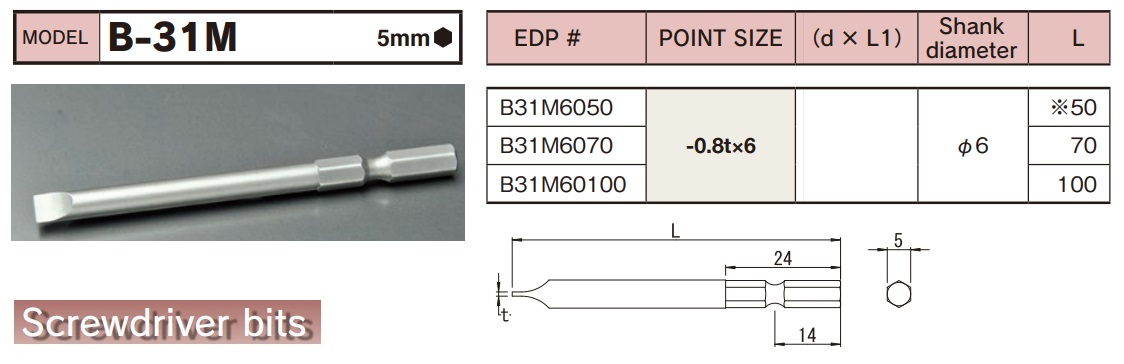 b-31m-spec Đầu bits 2 cạnh, BiX B-31M, thanh vặn vít 2 cạnh, đầu bits thân lục giác 5mm