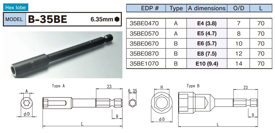 b-35be-spec Đầu bits khẩu E, đầu tuýp khẩu E, đầu tuýp khẩu E, thân lục giác 6.35mm