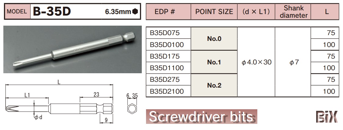 b-35d-spec Mũi bits tô vít 4 cạnh, đầu bits tô vít, đầu bits chiều dài 75mm, đuôi lục giác cỡ 6.35mm, B-35D BIX Nhật bản