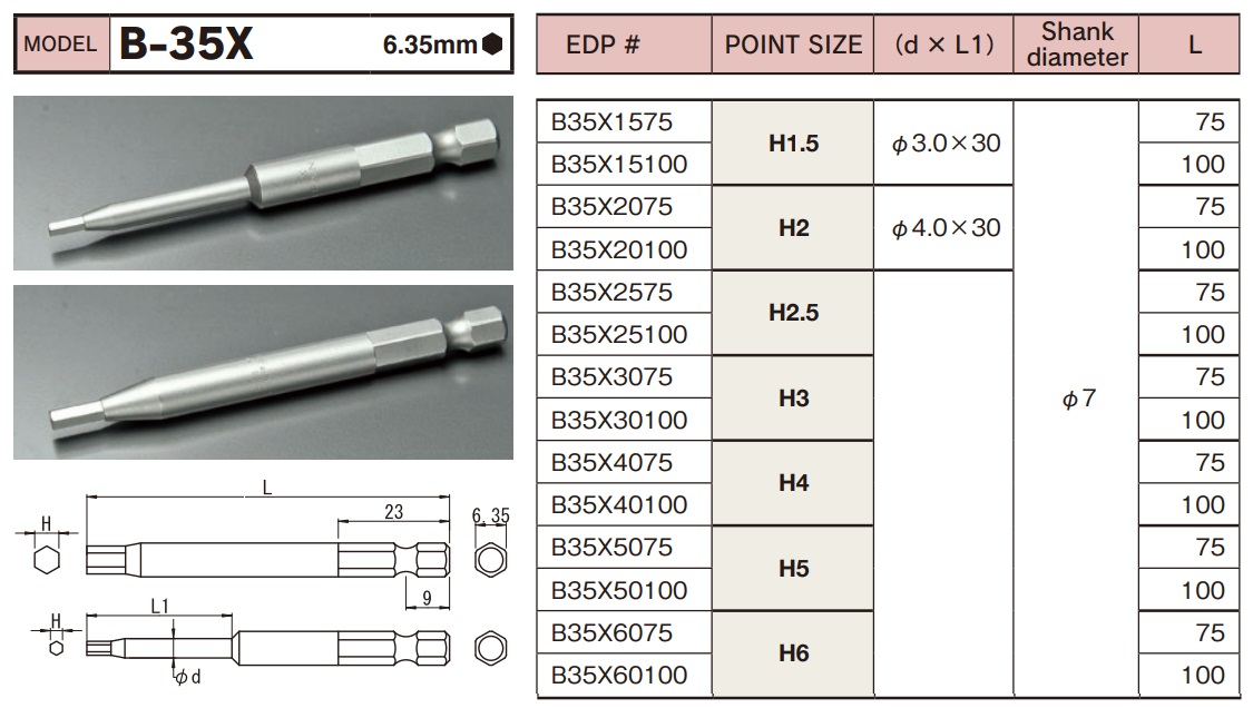 b-35x-spec-eed7ea57-9717-4a98-8c2c-af8e7df75d8e Đầu vặn vít đuôi lục giác, cỡ 6.35mm, đầu vặn ốc lục giác chìm, mũi lục giác cỡ H1.5 đến H6,
