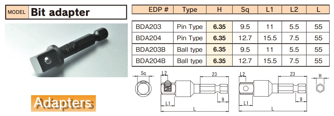 bda203-spec Đầu chuyển, dùng súng vặn vít, lắp đầu khẩu, BiX BDA203, BiX BDA204