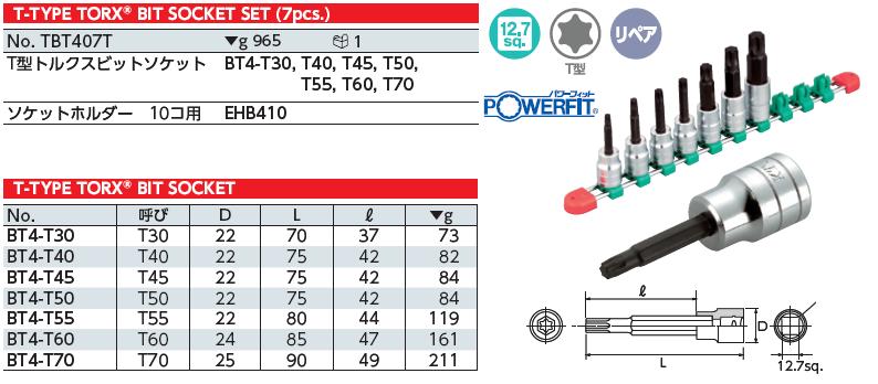 tbt407t Bộ hoa thị dạng khẩu 1/2 inch, lục giác hình sao, KTC TBT407T, bộ hình sao với chân khẩu 1/2 inch,